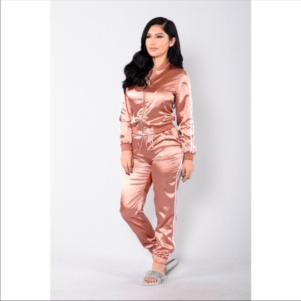 FASHION NOVA rose gold silky tracksuit set